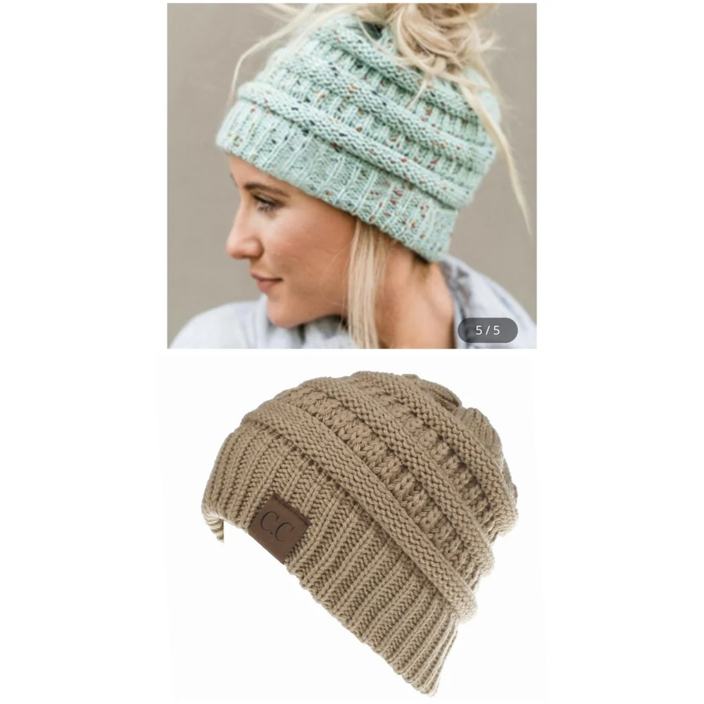 Messy Bun Beanie Hat With Bun/Ponytail Hole At Top OSFA TAN BEIGE - Picture 2 of 4